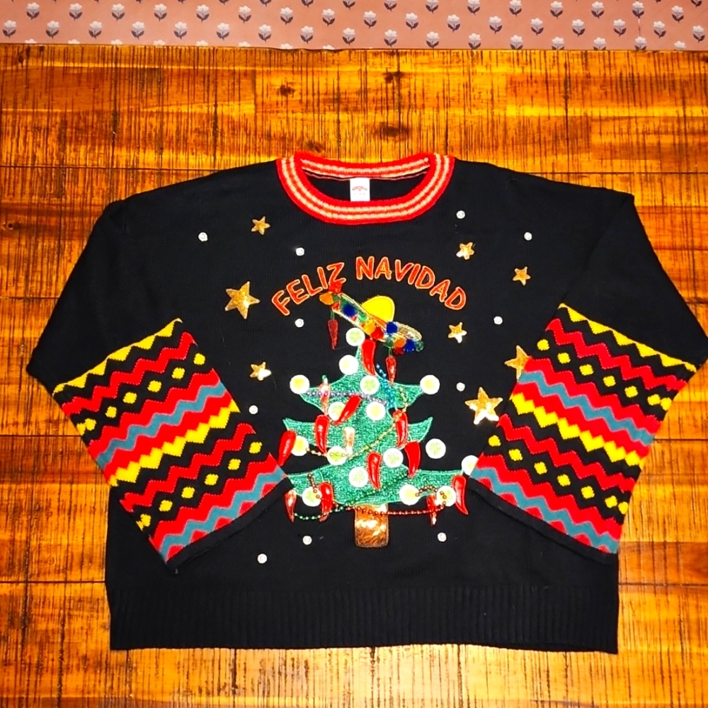 Christmas Sweater, Feliz Navidad, XL, Tree with Chili Peppers